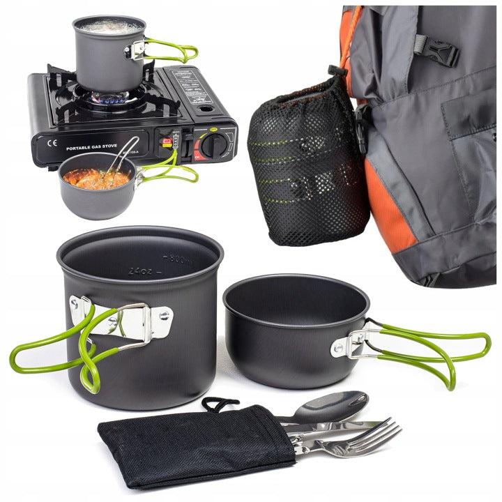 Green Folding Camping Cookware and Cutlery Set