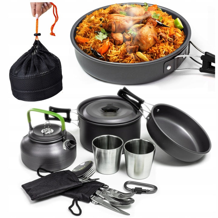 Black Camping Cookware Set with Kettle, Pot and Dishes