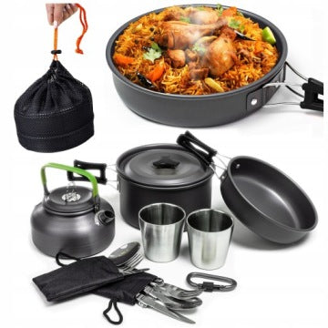 Black Camping Cookware Set with Kettle, Pot and Dishes