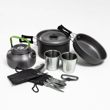 Black Camping Cookware Set with Kettle, Pot and Dishes
