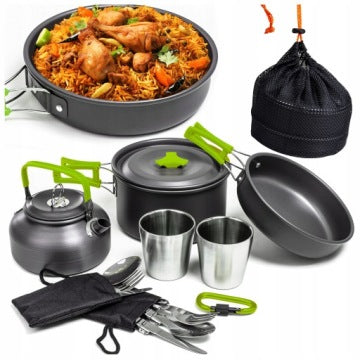 Camping Cookware and Tableware Set with Kettle and Pot